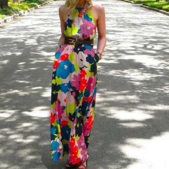 Jessica Simpson Vibrant Bold Colorful Floral Halter Neck Boho Long Maxi Dress 4 - Picture 16 of 16